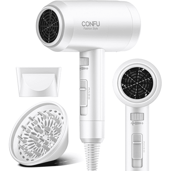 CONFU Ionic Blow Dryer 1600W, Portable Lightweight Fast Drying Negative Ion Hairdryer Blowdryer, 3 Heat Settings & Infinity Speed, with Diffuser and Concentrator Nozzle for Home & Travel,White