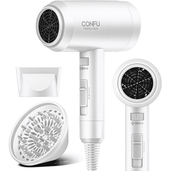 CONFU Ionic Blow Dryer 1600W, Portable Lightweight Fast Drying Negative Ion Hairdryer Blowdryer, 3 Heat Settings & Infinity Speed, with Diffuser and Concentrator Nozzle for Home & Travel,White