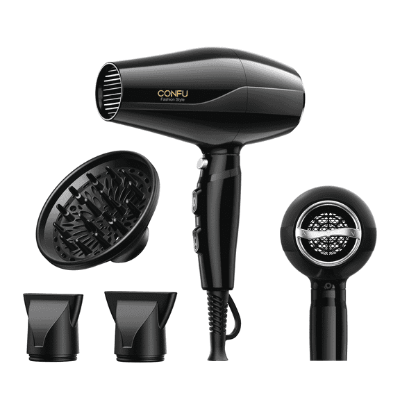 CONFU Ionic Ceramic Hair Dryer, with Diffuser & 2 Concentrator, Black