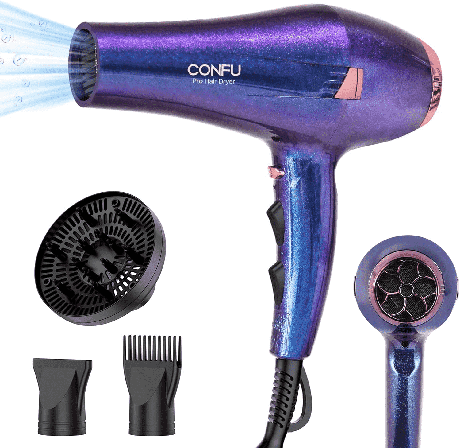 Hair Dryer, CONFU 1875W Professional Ionic Blow Dryer for Hair Care,3 Attachments for Home Salon Travel, Purple
