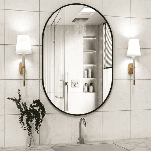 CONGUILIAO Balck Wall Mounted Mirror, 24" x 36" Oval Bathroom Mirror, Vanity Wall Mirror Aluminum Alloy Frame, Oval Mirror for Bathroom, Entryway, Living Room, Bedroom