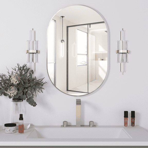 CONGUILIAO Oval Bathroom Mirror Wall Vanity Oval Mirrors, 20"x30" Silver Bathroom Mirrors for Over Sink Pill Mirrors Capsule Wall Mounted Mirror, Modern Mirror with Metal Frame for Wall Decor