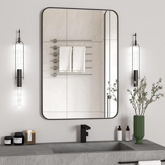 CONGUILIAO Wall Mirror Bathroom Mirror, 20 x 28 inch Black Rectangular Mirror with Metal Frame, Rounded Corner Mirror Decor for Bathroom, Bedroom
