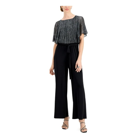 CONNECTED APPAREL Womens Black Belted Sheer Keyhole Back Closure Flutter Sleeve Round Neck Wear To Work Wide Leg Jumpsuit Petites 14P