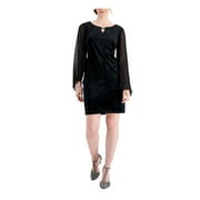 CONNECTED APPAREL Womens Black Embellished Velvet Tailored Fit Bell Sleeve Keyhole Short Party Sheath Dress Petites 4P