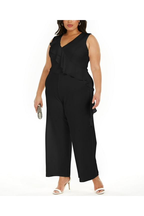 Womens Black Ruffled Zippered Sleeveless V Neck Cocktail Wide Leg Jumpsuit Plus 22W
