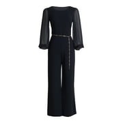 CONNECTED APPAREL Womens Black Sheer Belted Chain Long Sleeve Crew Neck Evening Wide Leg Jumpsuit Petites 10P