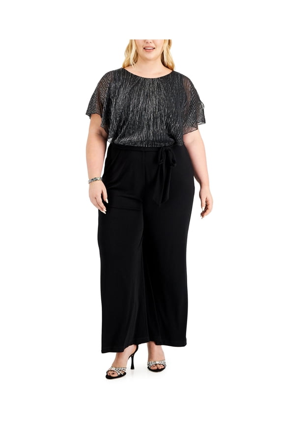 Womens Black Stretch Flutter Sleeve Round Neck Wear To Work Wide Leg Jumpsuit Plus 18W