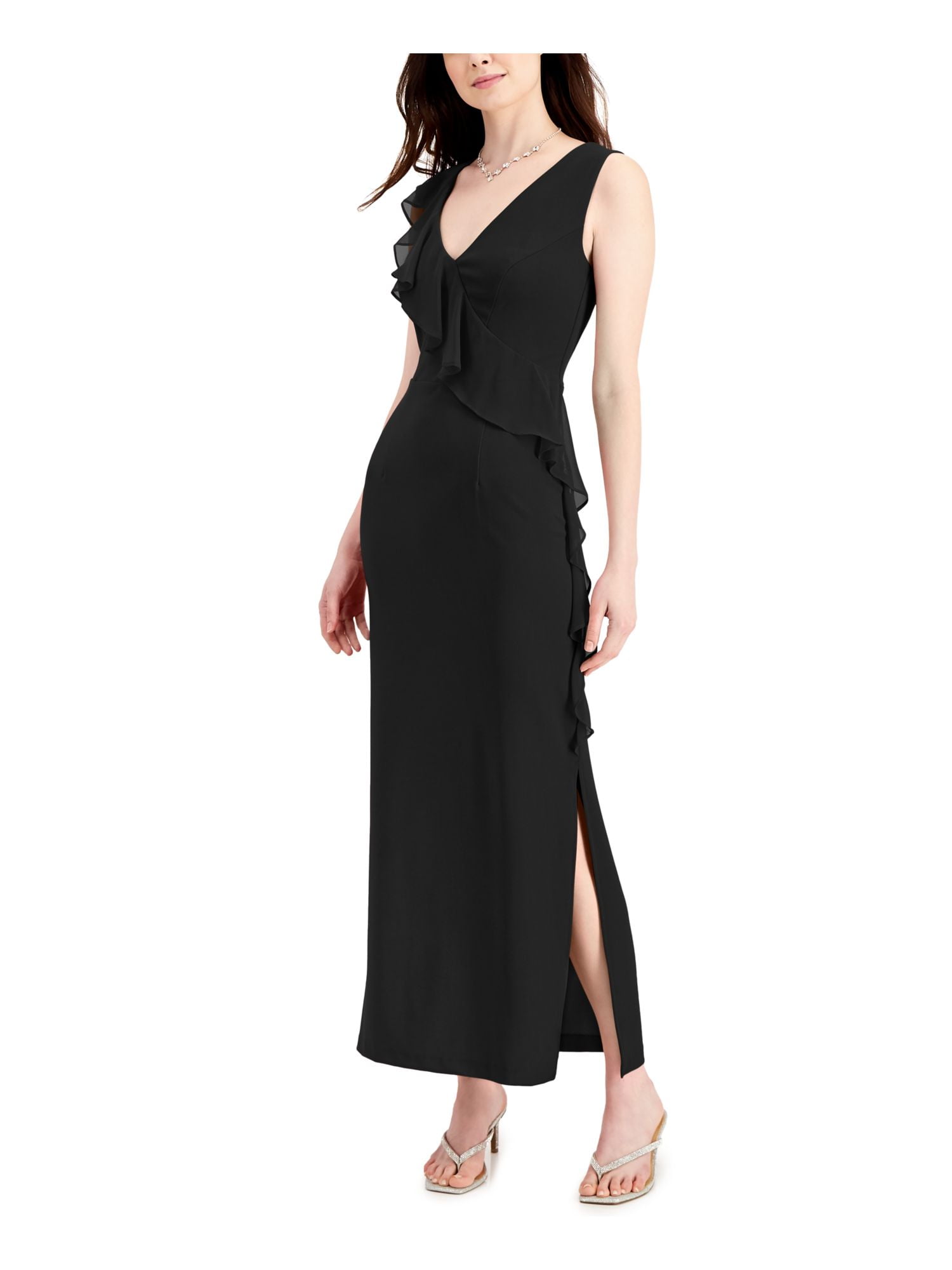 CONNECTED APPAREL Womens Black Zippered Slitted Cascading Ruffle Sleeveless  V Neck Maxi Evening Sheath Dress 10 - Walmart.com