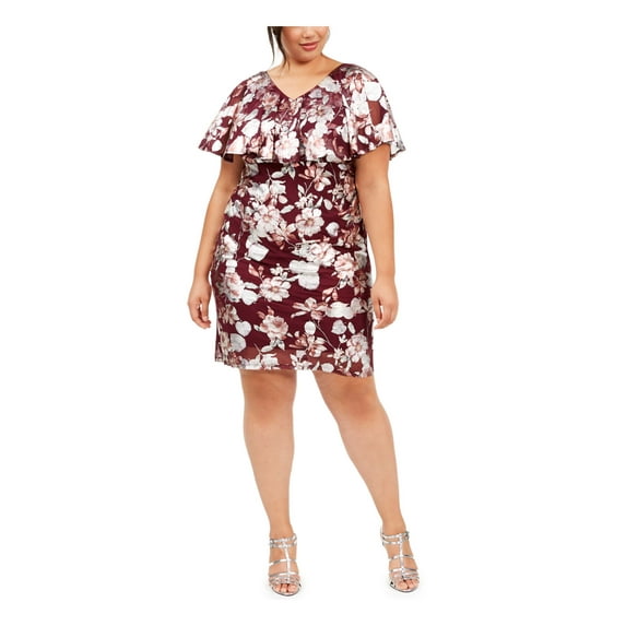 CONNECTED APPAREL Womens Burgundy Cape Overlay Floral Sleeveless V Neck Above The Knee Evening Sheath Dress Plus 20W
