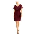 thumbnail image 1 of CONNECTED APPAREL Womens Burgundy Sheer Overlay Jersey-knit Pullover Short Sleeve V Neck Above The Knee Evening Sheath Dress 10, 1 of 4