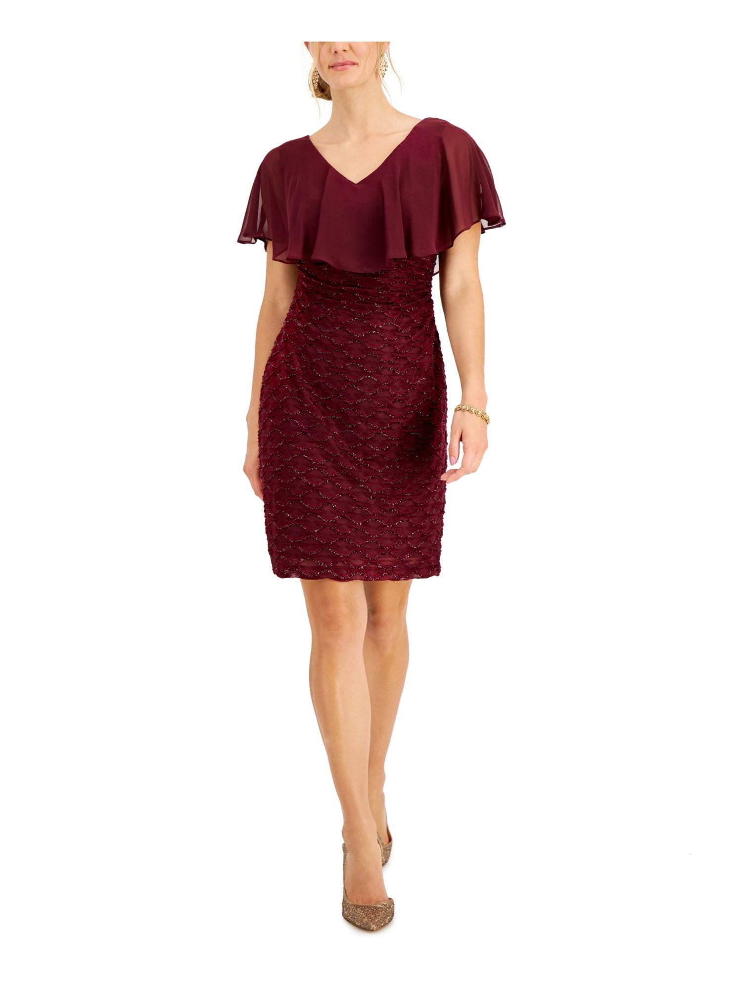 CONNECTED APPAREL Womens Burgundy Sheer Overlay Jersey-knit Pullover Short  Sleeve V Neck Above The Knee Evening Sheath Dress 6 - Walmart Business  Supplies