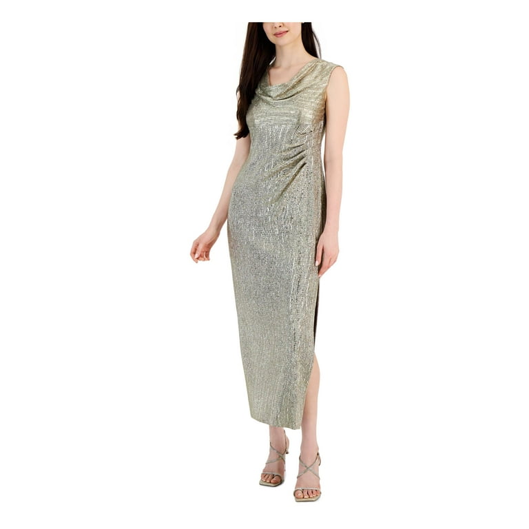 CONNECTED APPAREL Womens Gold Pleated Zippered Thigh High Side Slit Lined Sleeveless Cowl Neck Maxi Evening Sheath Dress Petites 6P