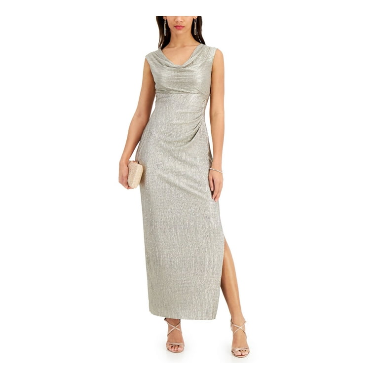 CONNECTED APPAREL Womens Gold Textured Slitted Metallic Gown Sleeveless Cowl Neck Maxi Evening Sheath Dress 14