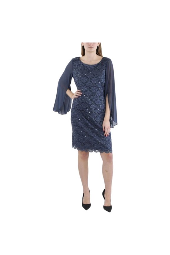 Womens Gray Scalloped Lined Split Cape Sleeve Pullover Embel Round Neck Above The Knee Party Sheath Dress 8