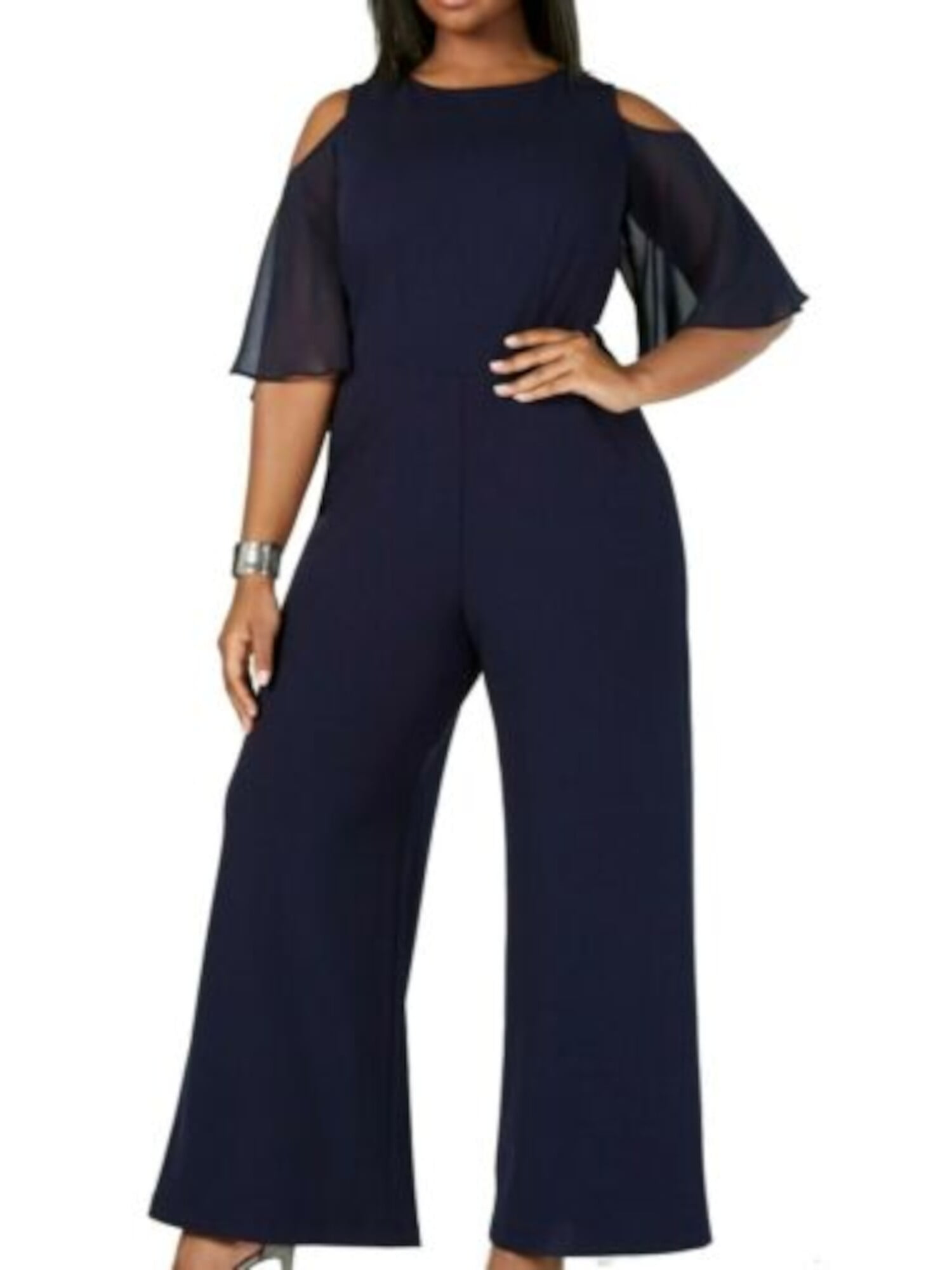 CONNECTED APPAREL Womens Navy Cold Shoulder Zippered Bell Sleeve Jewel Neck Evening Wide Leg Jumpsuit Plus 24W