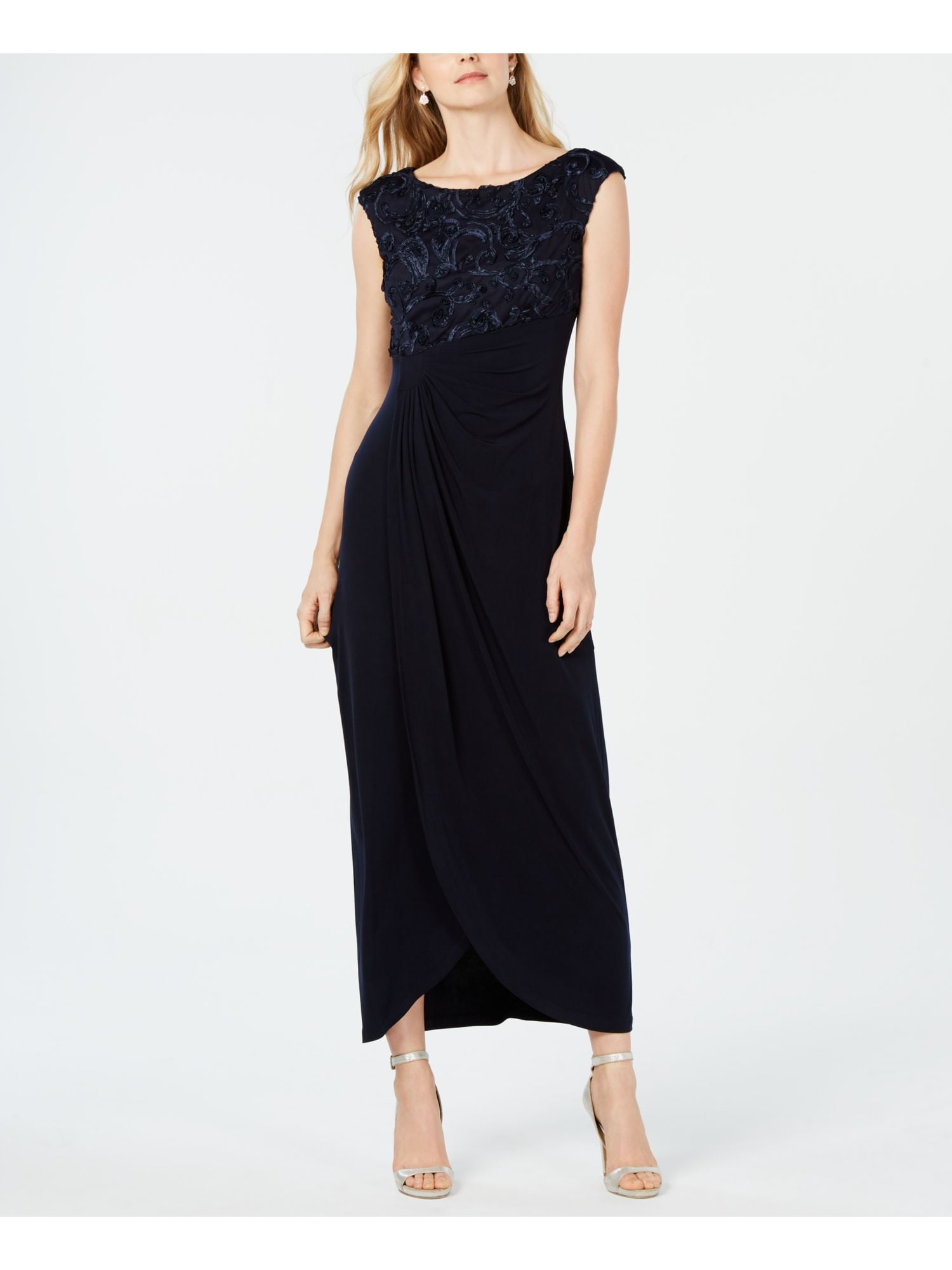 JS COLLECTIONS Womens Blue Zippered Lined Extended Shoulder Lace Sleeveless Jewel Neck Full-Length Evening Blouson Dress main image 0