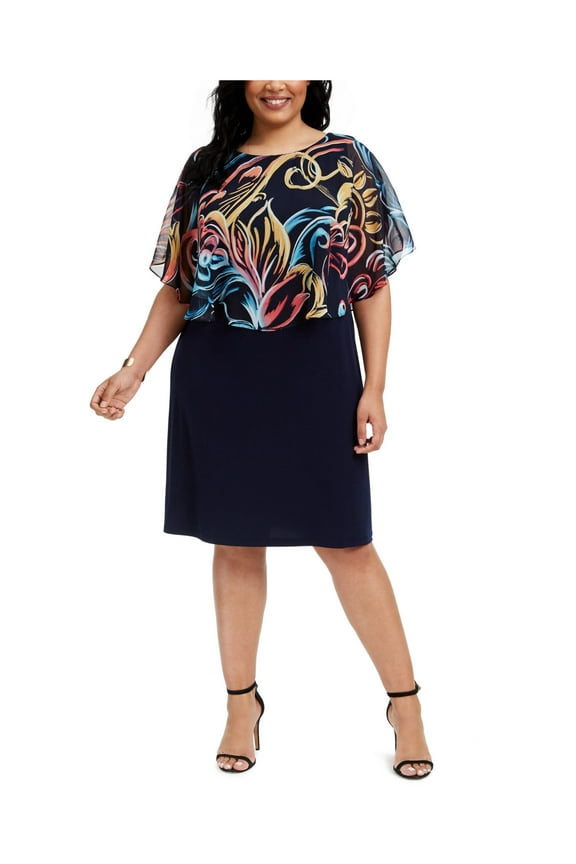 Womens Navy Sheer Overlay Sleeveless Jewel Neck Knee Length Evening Sheath Dress Plus 18W