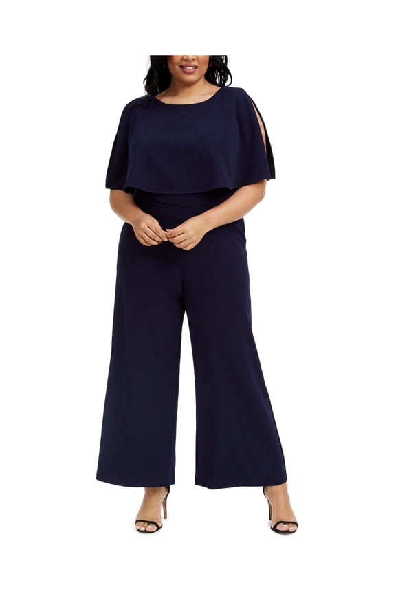 Womens Navy Zippered Popover Split Sleeve Round Neck Wide Leg Jumpsuit Plus 16W