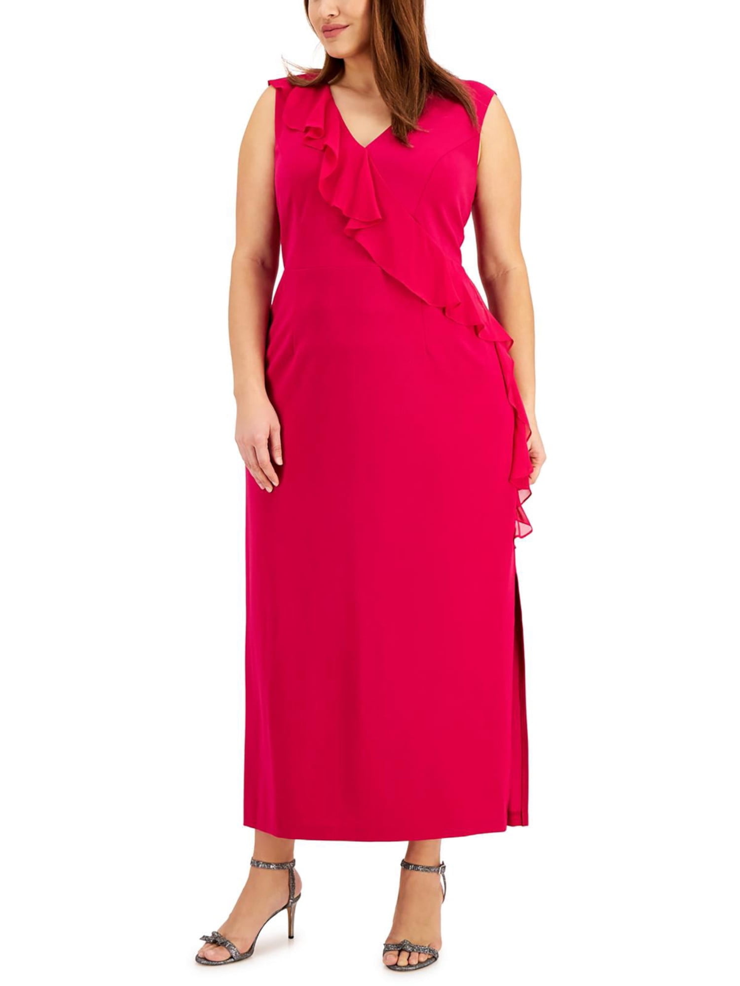 CONNECTED APPAREL Womens Pink Stretch Ruffled Zippered Slitted Sheer Lined Bodice Sleeveless V Neck Maxi Fit + Flare Dress Plus 24W - Walmart Business Supplies CONNECTED APPAREL Womens Pink Stretch Ruffled Zippered Slitted Sheer Lined Bodice Sleeveless V Neck Maxi Fit + Flare Dress Plus 24W - Walmart Business Supplies