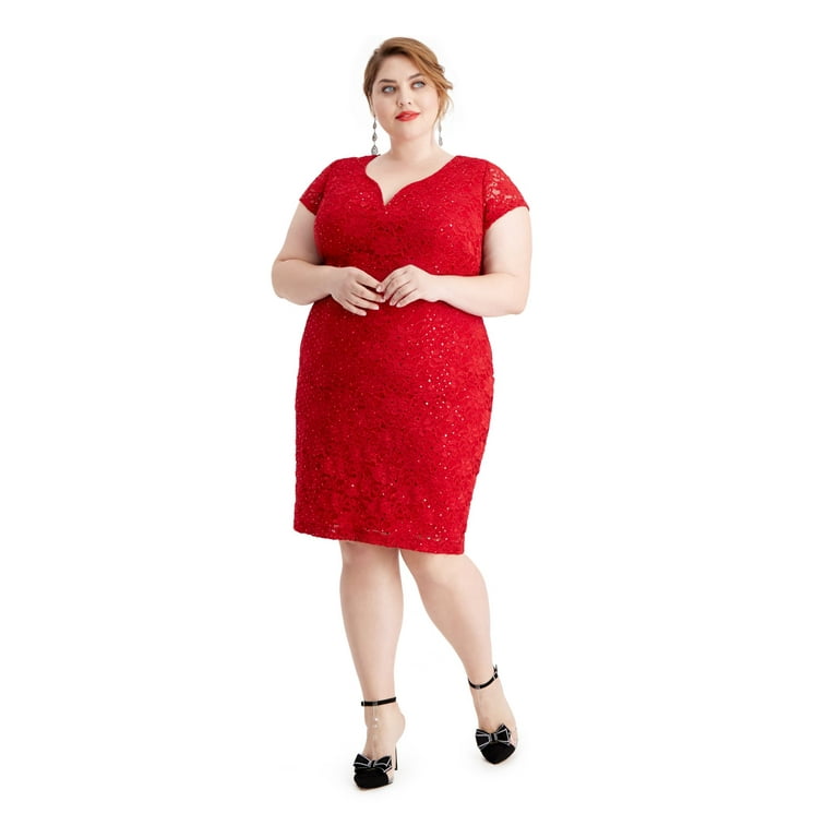 CONNECTED APPAREL Womens Red Cap Sleeve Shift Evening Dress Plus