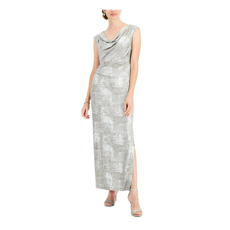 CONNECTED APPAREL Womens Silver Stretch Metallic Slitted Drape Neck Gathered Side Waist Printed Cap Sleeve Full Length Formal Sheath Dress Petites 6P