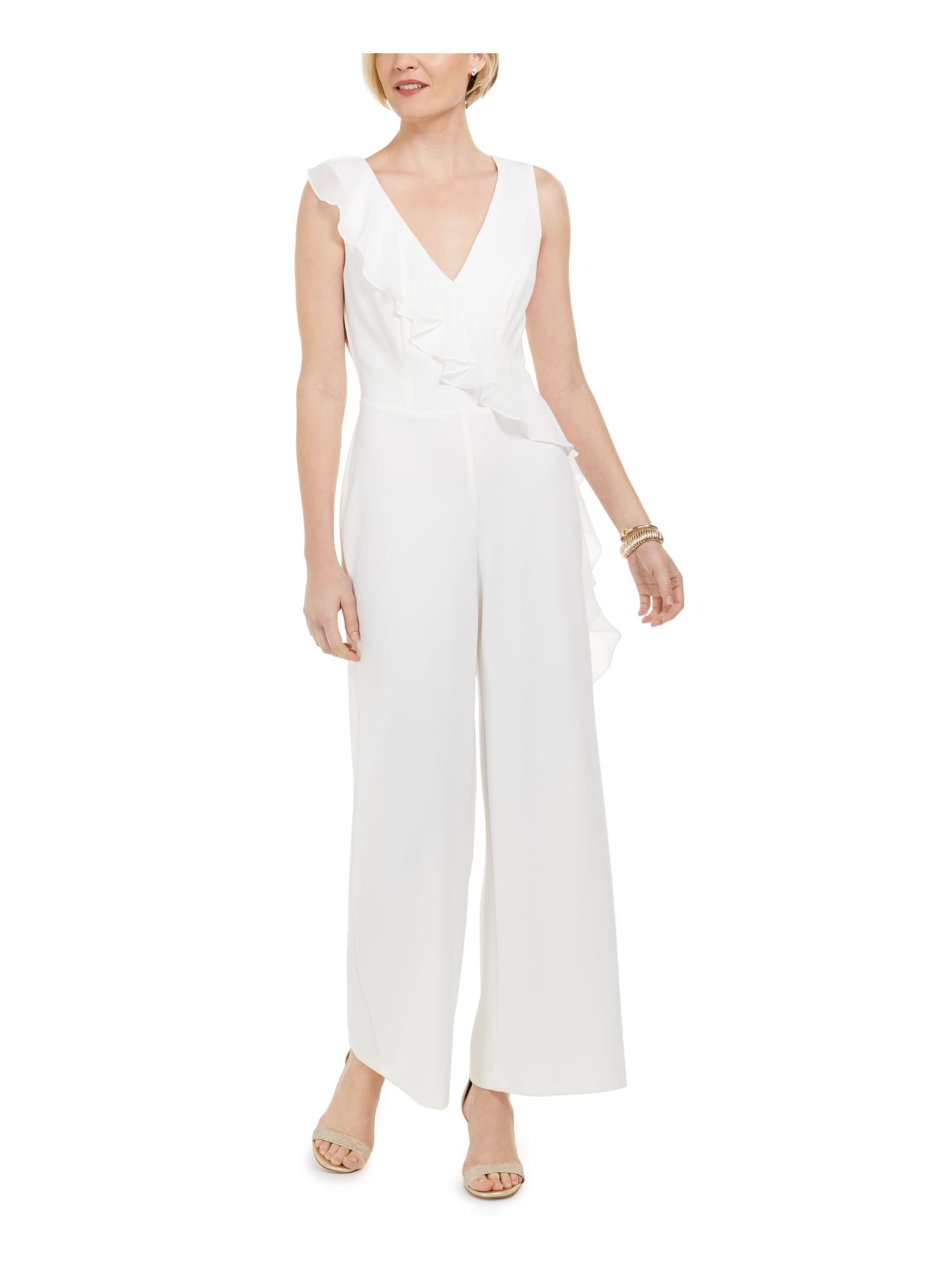 CONNECTED APPAREL Womens White Sleeveless V Neck Evening Wide Leg