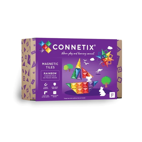 CONNETIX Magnetic Tiles, Rainbow Starter Pack, 60 Pieces