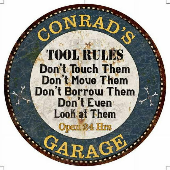 CONRAD'S Garage Rules 14" Round Metal Sign Garage Wall Decor 100140015257