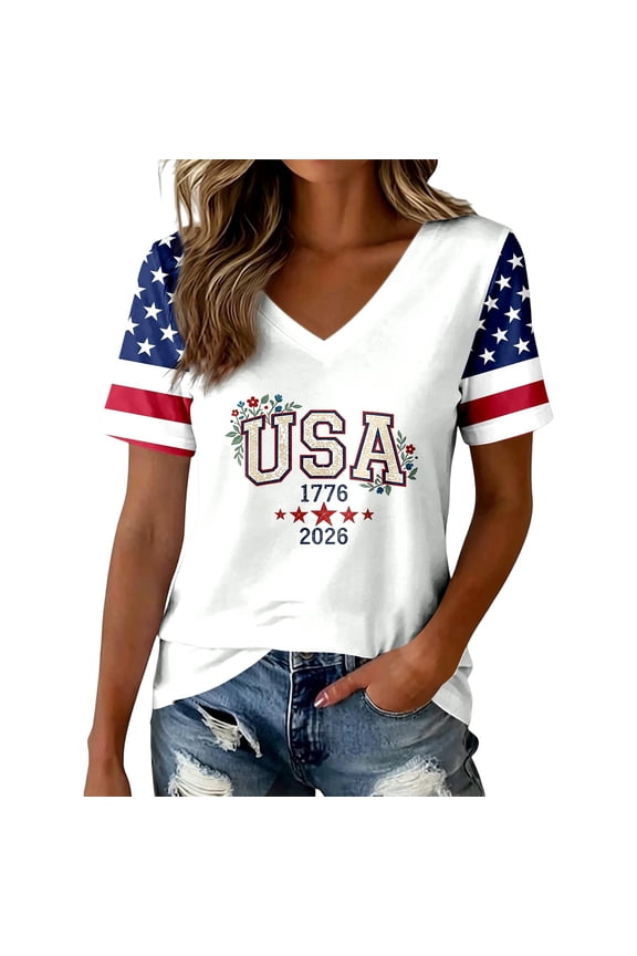 250Th Anniversary Usa Women's Short Sleeve T-Shirts V Neck Patriotic Usa Star Striped Graphic 4Th Of July Tshirt Independence Day Tee Blouses For Lady