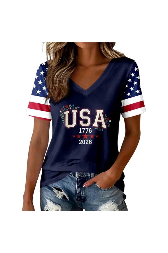 250Th Anniversary Usa Women's Short Sleeve T-Shirts V Neck Patriotic Usa Star Striped Graphic 4Th Of July Tshirt Independence Day Tee Blouses For Lady