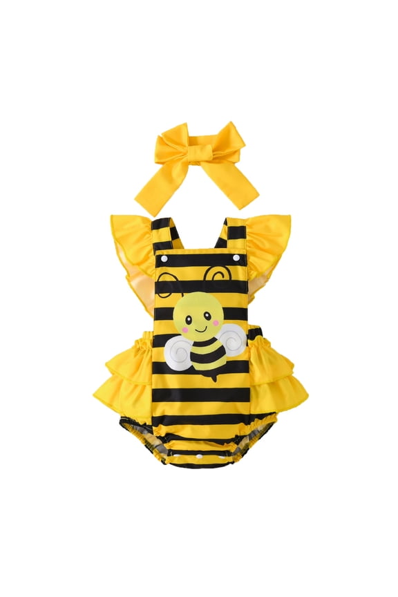 Baby Boys Bee Dress Up Graphic Ruffled Sleeve Bodysuit With Hat Stage Performance Clothes Sets for Kids, Sizes 1-3 Months