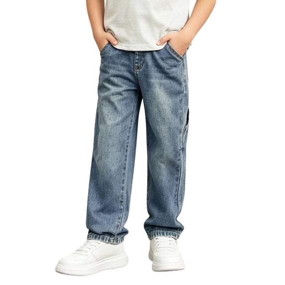 CONROSES Boys Casual Jeans Wide Leg Baggy Jeans for Child Solid Y2K Elastic Waist Cozy Streetwear Denim Trousers with Pockets
