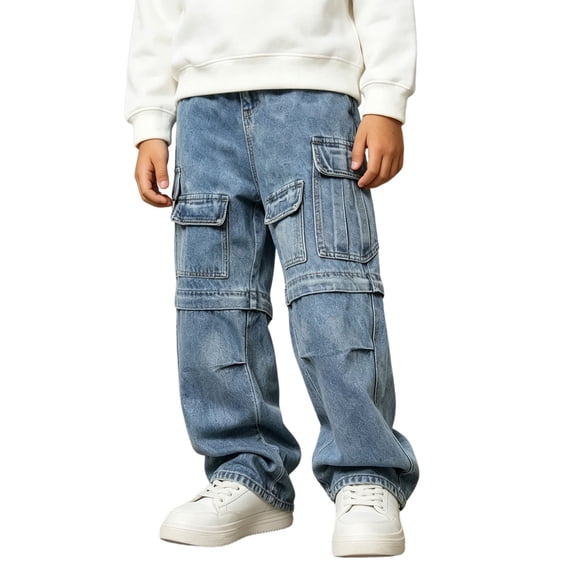 CONROSES Boys Casual Jeans Wide Leg Baggy Jeans for Child Solid Y2K Elastic Waist Cozy Streetwear Denim Trousers with Pockets