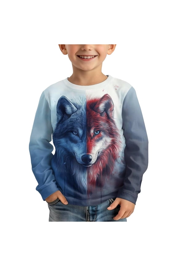 Boys Long Sleeve Tshirts Wolf Graphic Y2K Summer T-Shirts Tee Tops, Sizes 5-6 Years