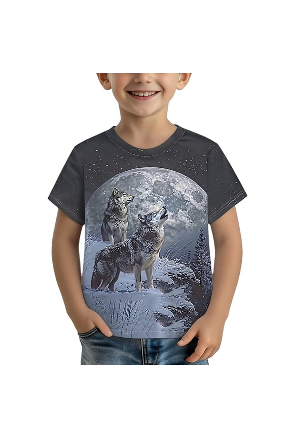 Boys Short Sleeve Tshirts Wolf Graphic Y2K Summer T-Shirts Tee Tops, Sizes 6-7 Years