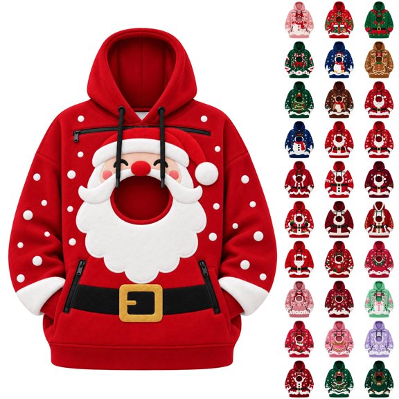 CONROSES Christmas Pet Pouch Hoodie for Men Kangaroo Pocket Puppy Cat Dog Hoodie Cute Santa Claus Graphic Long Sleeve Warm Pet Carrier Hooded Sweatshirts