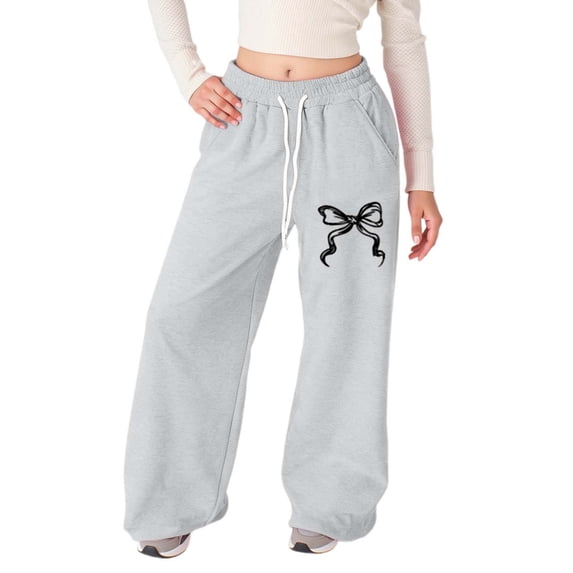 CONROSES Girl'S Baggy Sweatpants Wide Leg Sweat Pants for Girls Trendy Bowknot Graphic Y2K Elastic Waist Drawstring Athletic Jogger Pants With Pockets