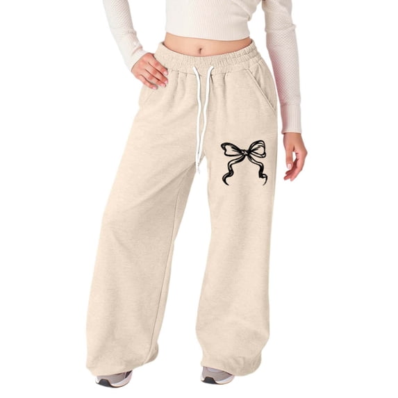 CONROSES Girl'S Baggy Sweatpants Wide Leg Sweat Pants for Girls Trendy Bowknot Graphic Y2K Elastic Waist Drawstring Athletic Jogger Pants With Pockets