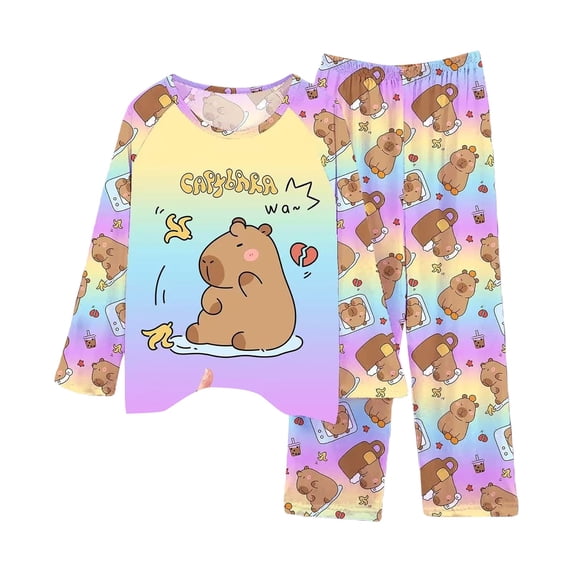 CONROSES Girls 2 Peice Pajamas Sets Cartoon Capybara Graphic Long Sleeve Pjs Tops Pants Loungewear Sets Cozy Warm Fall Winter Nightwear Sleepwear