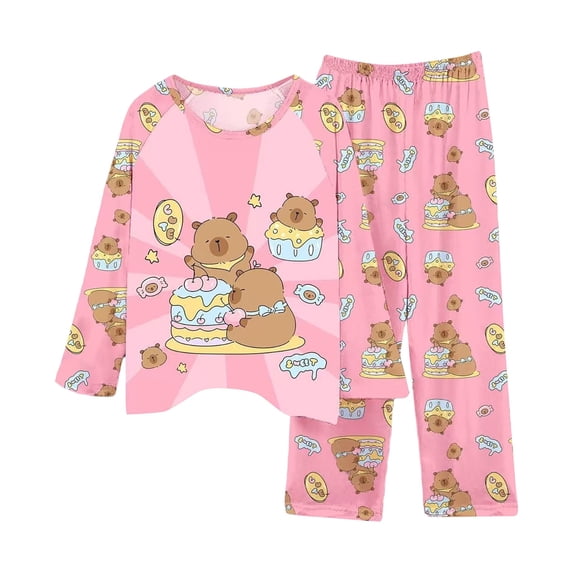 CONROSES Girls 2 Peice Pajamas Sets Cartoon Capybara Graphic Long Sleeve Pjs Tops Pants Loungewear Sets Cozy Warm Fall Winter Nightwear Sleepwear