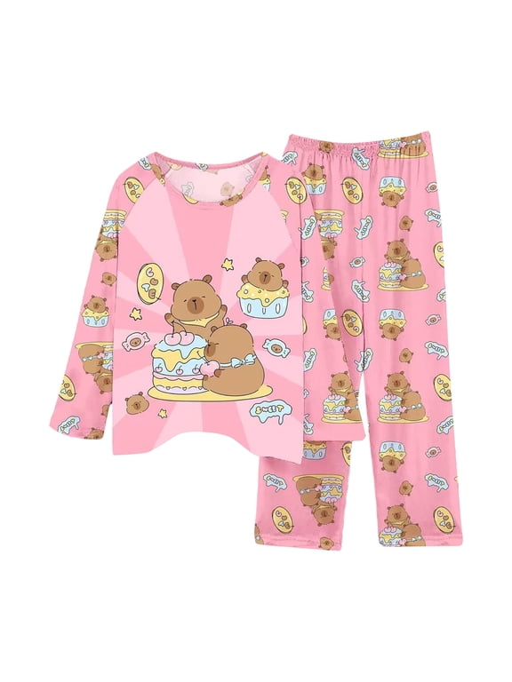 Girls 2 Peice Pajamas Sets Cartoon Capybara Graphic Long Sleeve Pjs Tops Pants Loungewear Sets Cozy Warm Fall Winter Nightwear Sleepwear