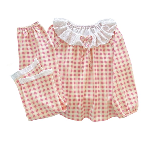CONROSES Girls 2 Peice Pajamas Sets Plaid Lace Long Sleeve Pjs Tops Pants Loungewear Sets Cozy Nightwear Sleepwear