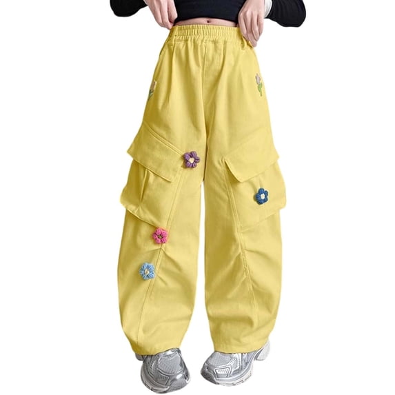 CONROSES Girls Baggy Cargo Pants Wide Leg Hiking Pants for Girls Trendy Floral Embroidery Elastic Waist Drawstring Athletic Jogger Pants With Pockets