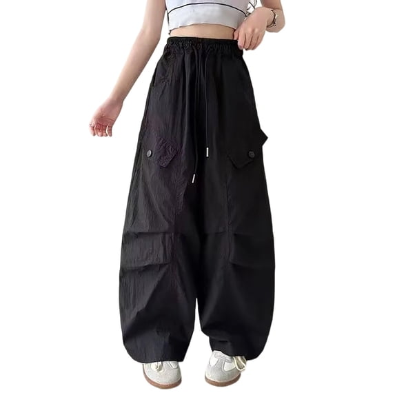 CONROSES Girls Baggy Cargo Pants Wide Leg Hiking Pants for Girls Trendy Solid Elastic Waist Drawstring Outdoor Jogger Pants With Pockets