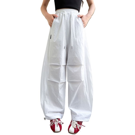 CONROSES Girls Baggy Cargo Pants Wide Leg Hiking Pants for Girls Trendy Solid Elastic Waist Drawstring Outdoor Jogger Pants With Pockets