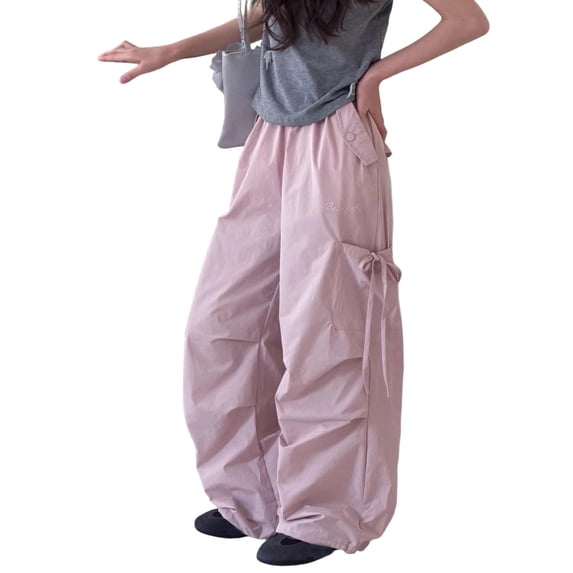 CONROSES Girls Baggy Cargo Pants Wide Leg Outdoor Hiking Pants for Girls Trendy Solid Elastic Waist Drawstring Athletic Jogger Pants With Pockets