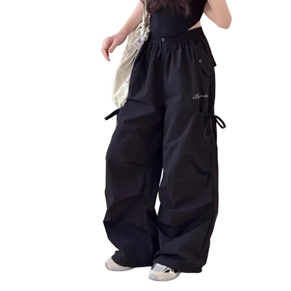 CONROSES Girls Baggy Cargo Pants Wide Leg Outdoor Hiking Pants for Girls Trendy Solid Elastic Waist Drawstring Athletic Jogger Pants With Pockets
