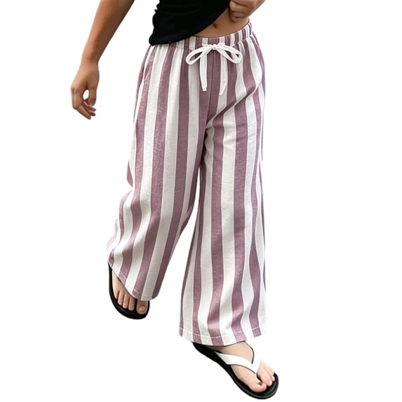 CONROSES Girls Baggy Linen Pants Wide Leg Pants for Girls Trendy Striped Elastic Waist Drawstring Leisure Jogger Pants With Pockets