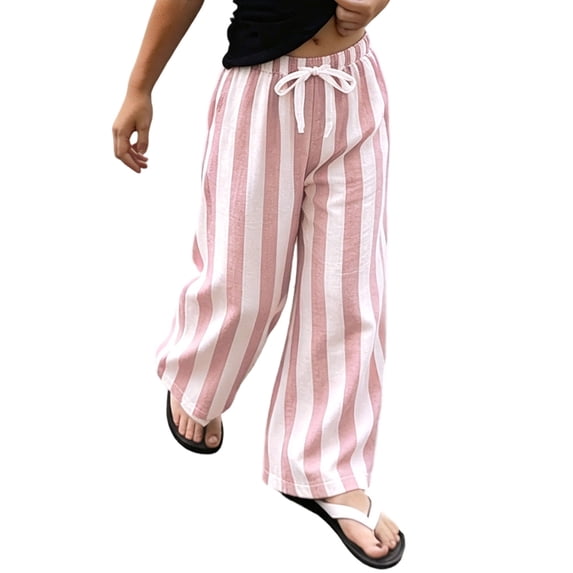 CONROSES Girls Baggy Linen Pants Wide Leg Pants for Girls Trendy Striped Elastic Waist Drawstring Leisure Jogger Pants With Pockets